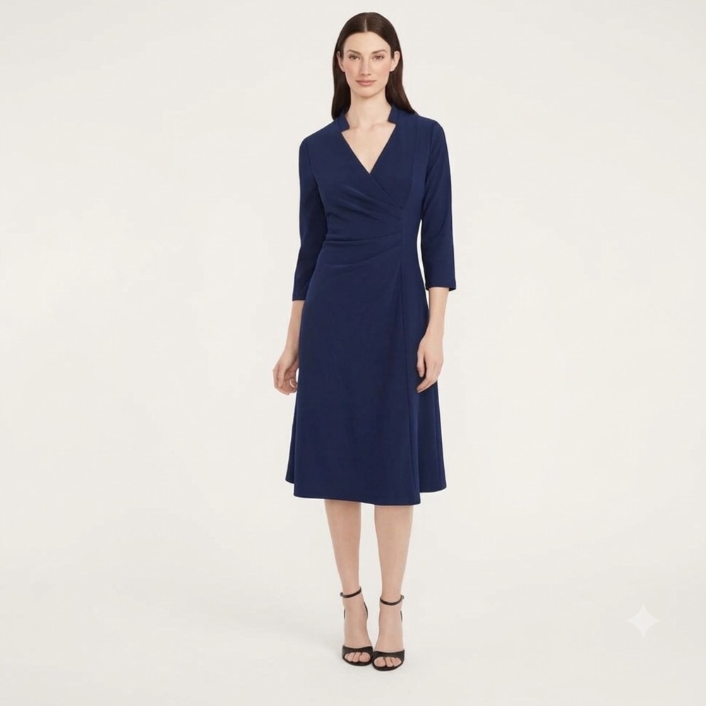 Maggy London for Melanie Lyne Helly Navy Blue Faux Wrap Midi Sheath Dress Sz 12